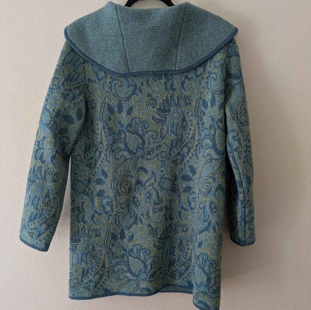 Sundance 100% Lambswool Teal Jacquard Jacket Cardigan sz PS Boho Fisherman - Picture 6 of 11